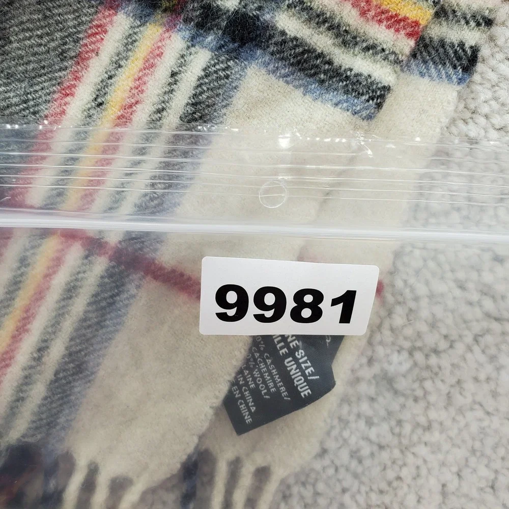 Eddie Bauer Scarf Unisex OS Cream Plaid  Cashmere Wool Blend Fringe‎ Cabincore